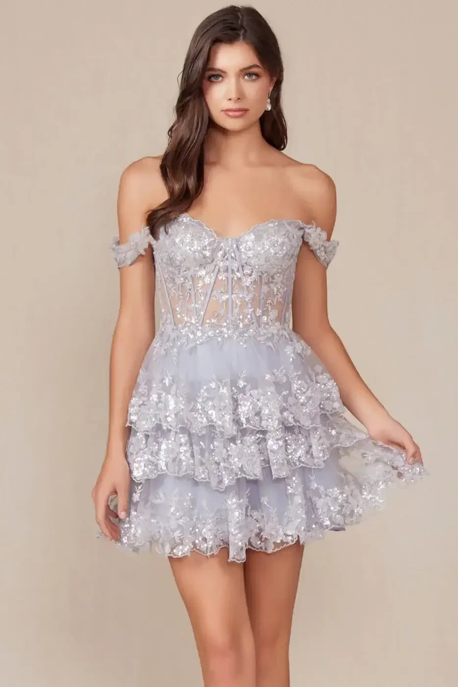 BRENNA MINI DRESS - SILVER - OFF SHOULDER TIERED SHORT DRESS