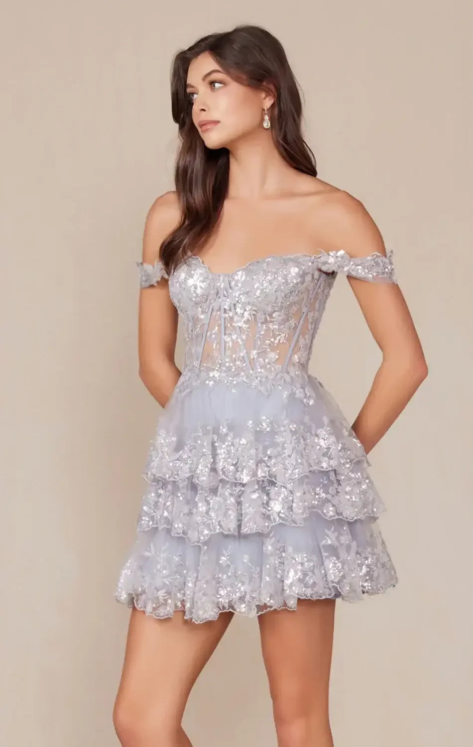 BRENNA MINI DRESS - SILVER - OFF SHOULDER TIERED SHORT DRESS