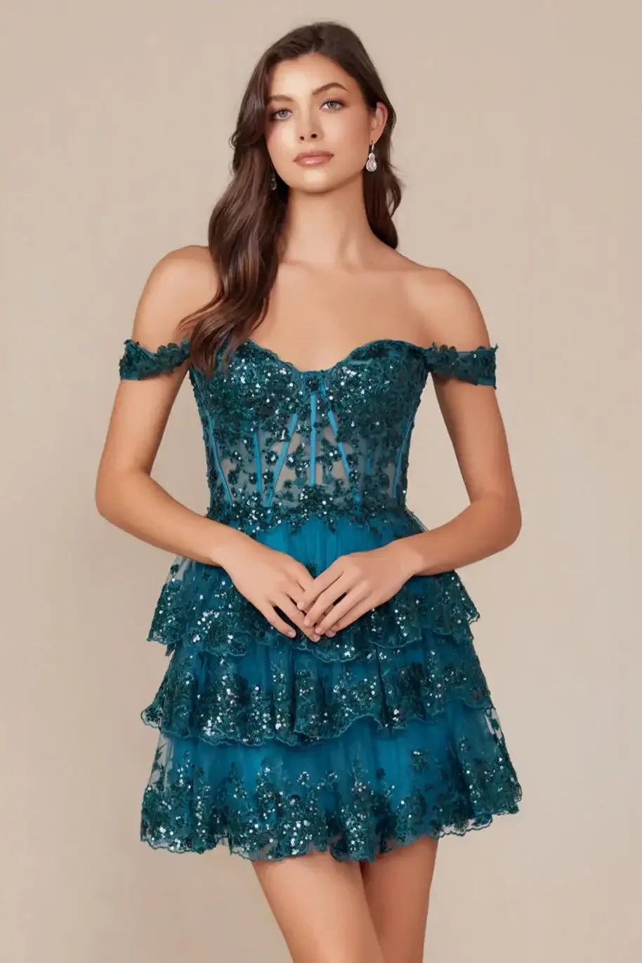 BRENNA MINI DRESS - TEAL - OFF SHOULDER TIERED SHORT DRESS