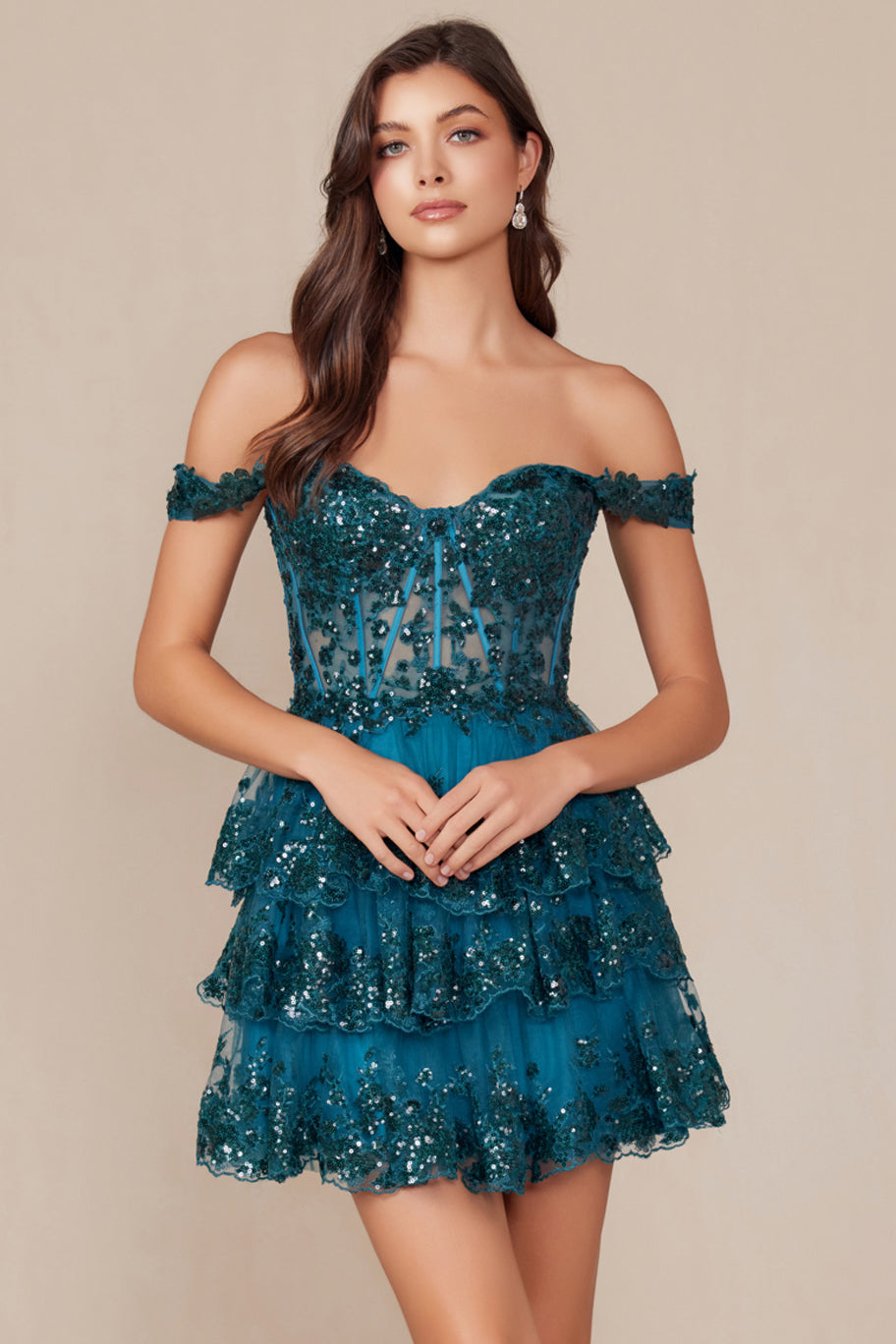 BRENNA MINI DRESS - TEAL - OFF SHOULDER TIERED SHORT DRESS