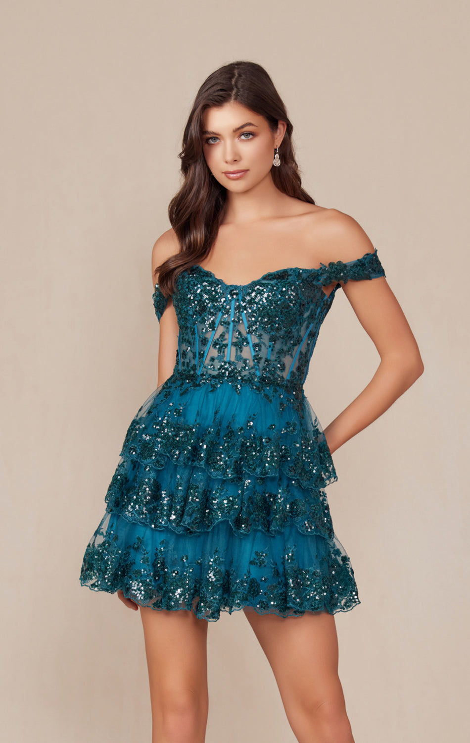 BRENNA MINI DRESS - TEAL - OFF SHOULDER TIERED SHORT DRESS