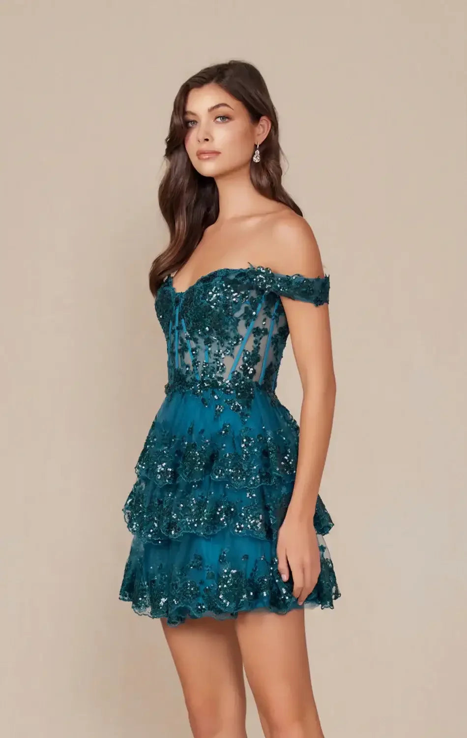 BRENNA MINI DRESS - TEAL - OFF SHOULDER TIERED SHORT DRESS