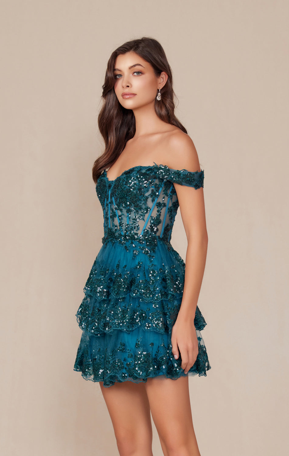 BRENNA MINI DRESS - TEAL - OFF SHOULDER TIERED SHORT DRESS