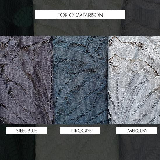 Three lace fabric swatches are displayed side by side, featuring intricate patterns. The colors are labeled as Steel Blue, Turquoise, and Mercury, with a title at the top reading "FOR COMPARISON."