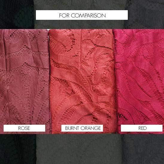 Three textured fabric swatches in shades of rose, burnt orange, and red are displayed side by side, labeled appropriately. The background is dark, providing contrast to the colors. A header reads “FOR COMPARISON.â€