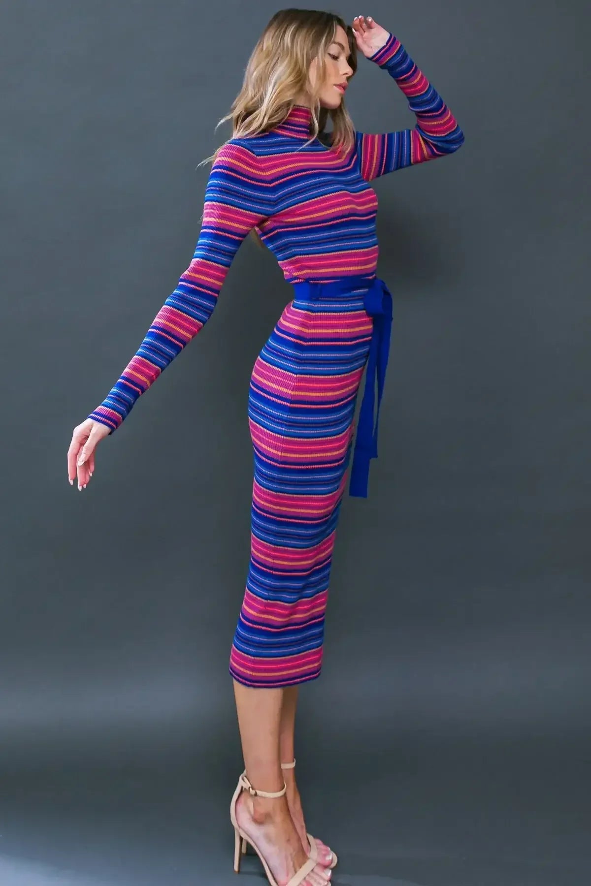 SWEATER WEATHER MIDI DRESS - BLUE & FUCHSIA STRIPE