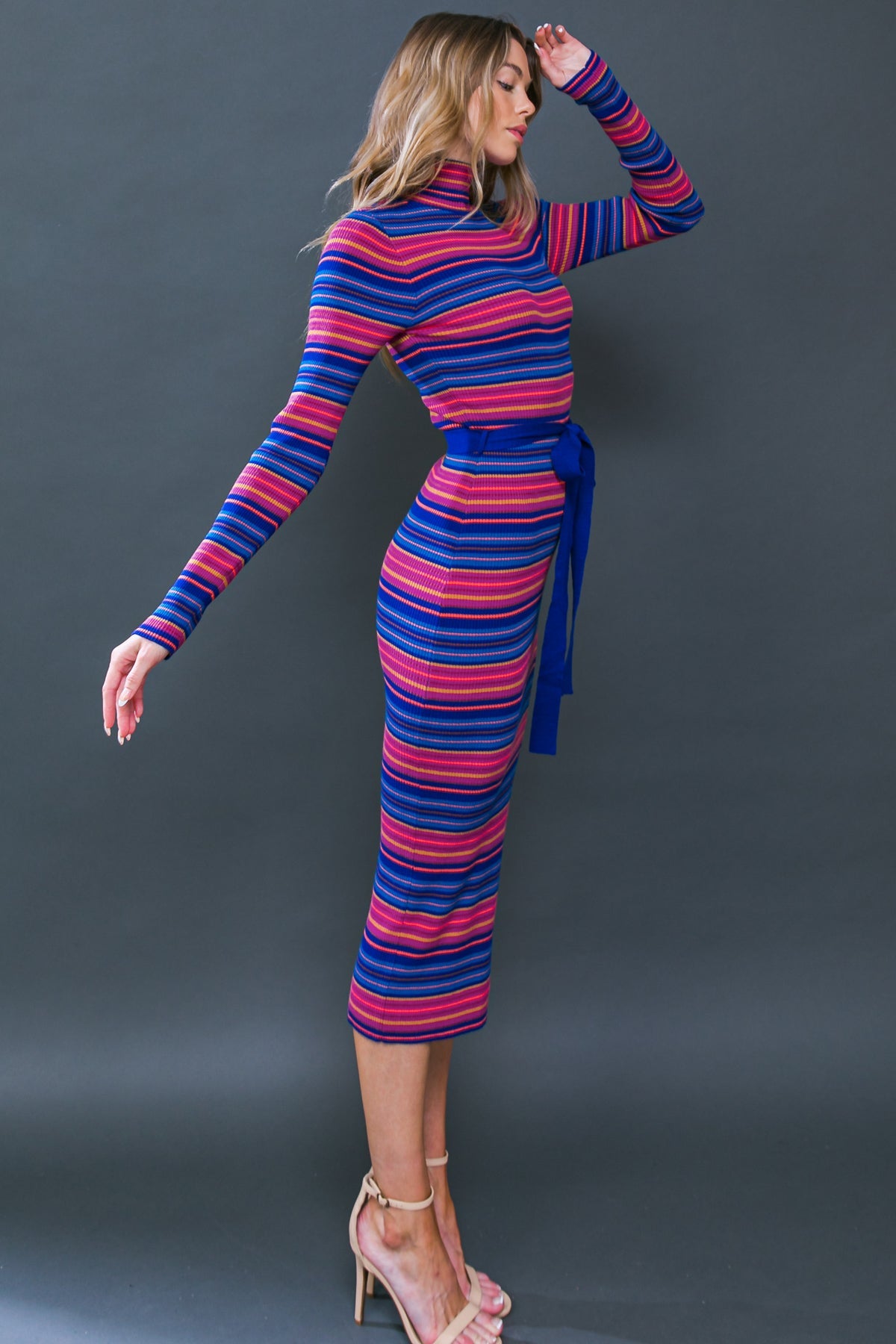 SWEATER WEATHER MIDI DRESS - BLUE & FUCHSIA STRIPE