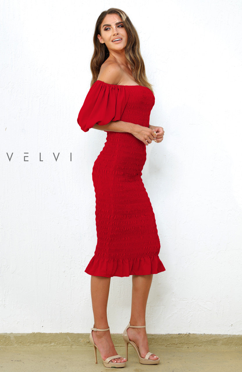Shop the Elegant Skyla Shirred Midi Dress in Red Lady Black Tie