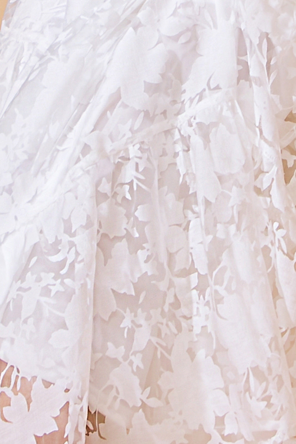 A translucent white fabric features delicate floral patterns. The fabric gently drapes, suggesting soft movement. The context implies a light, airy setting, possibly for a clothing item or decoration.