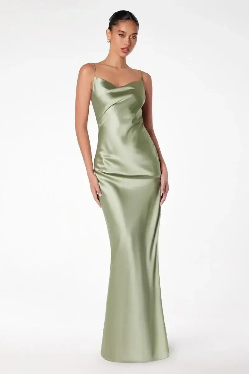 Lina Satin Cowl Neck Maxi Dress with Draped Back