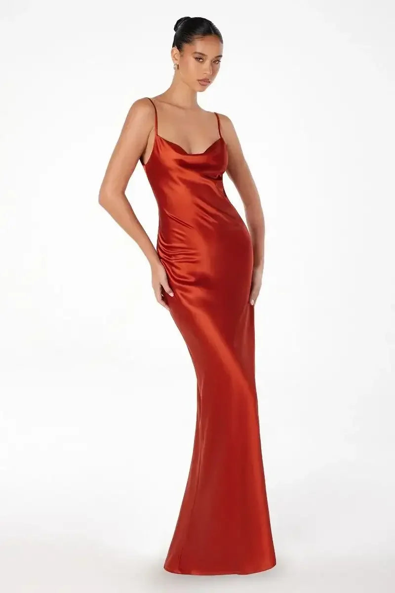 Lina Satin Cowl Neck Maxi Dress with Draped Back