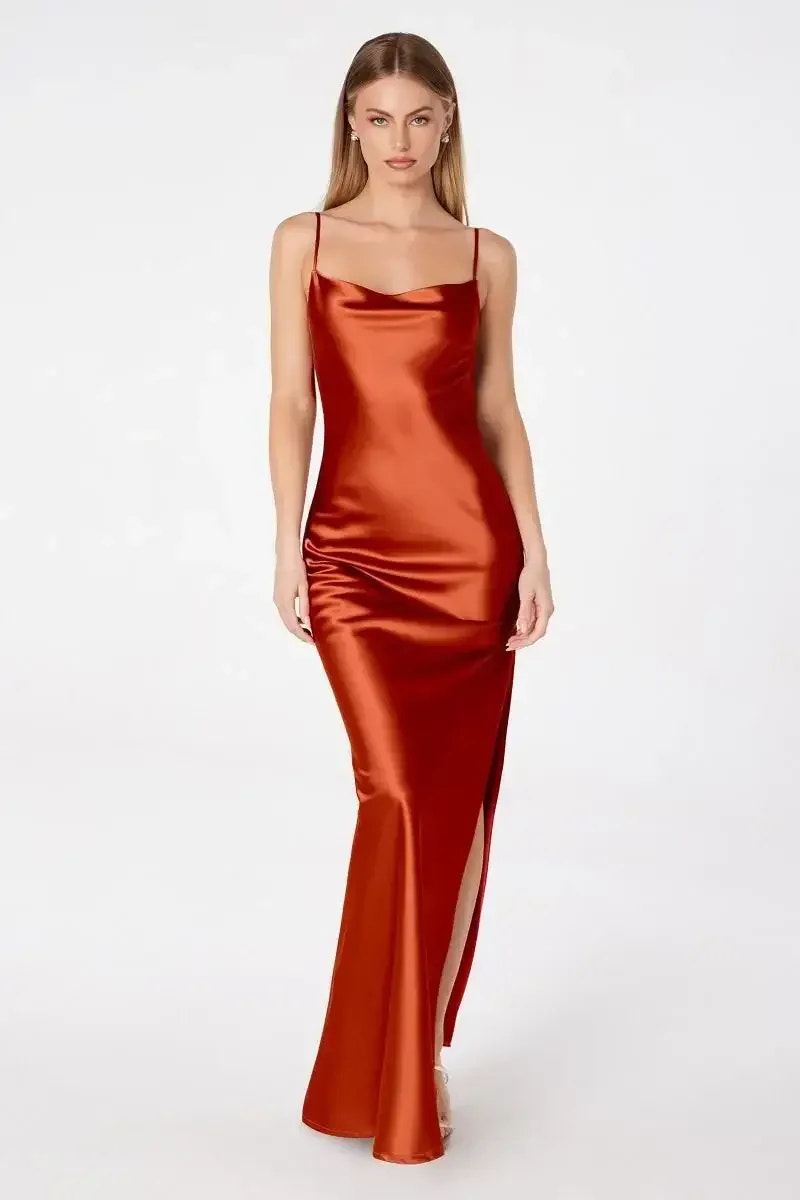 Lina Satin Cowl Neck Maxi Dress with Draped Back