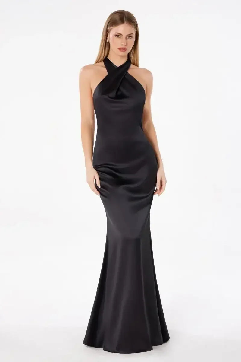 Piper Maxi Dress - Fitted Satin Halter Dress