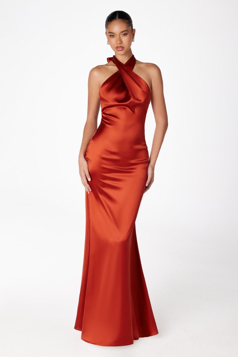 Piper Maxi Dress - Fitted Satin Halter Dress