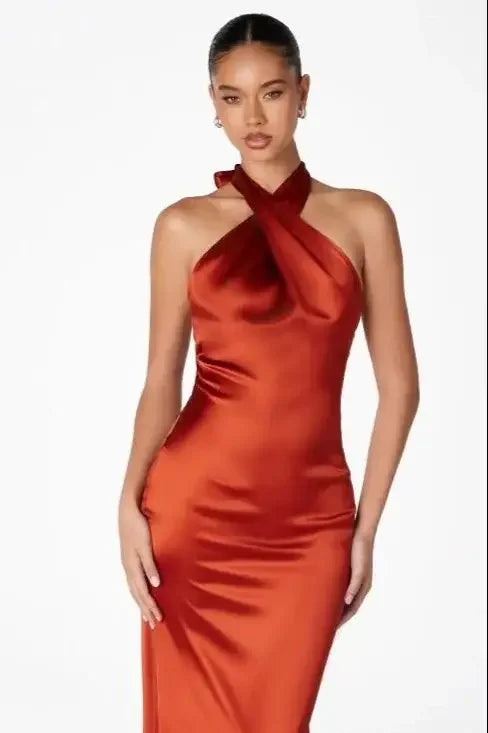 Piper Maxi Dress - Fitted Satin Halter Dress