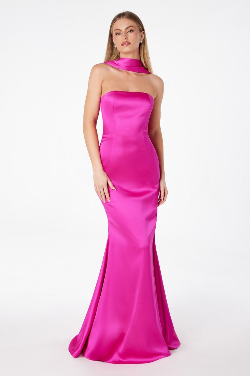 Brynn Maxi Dress - Strapless Fitted Satin Dress With Scarf