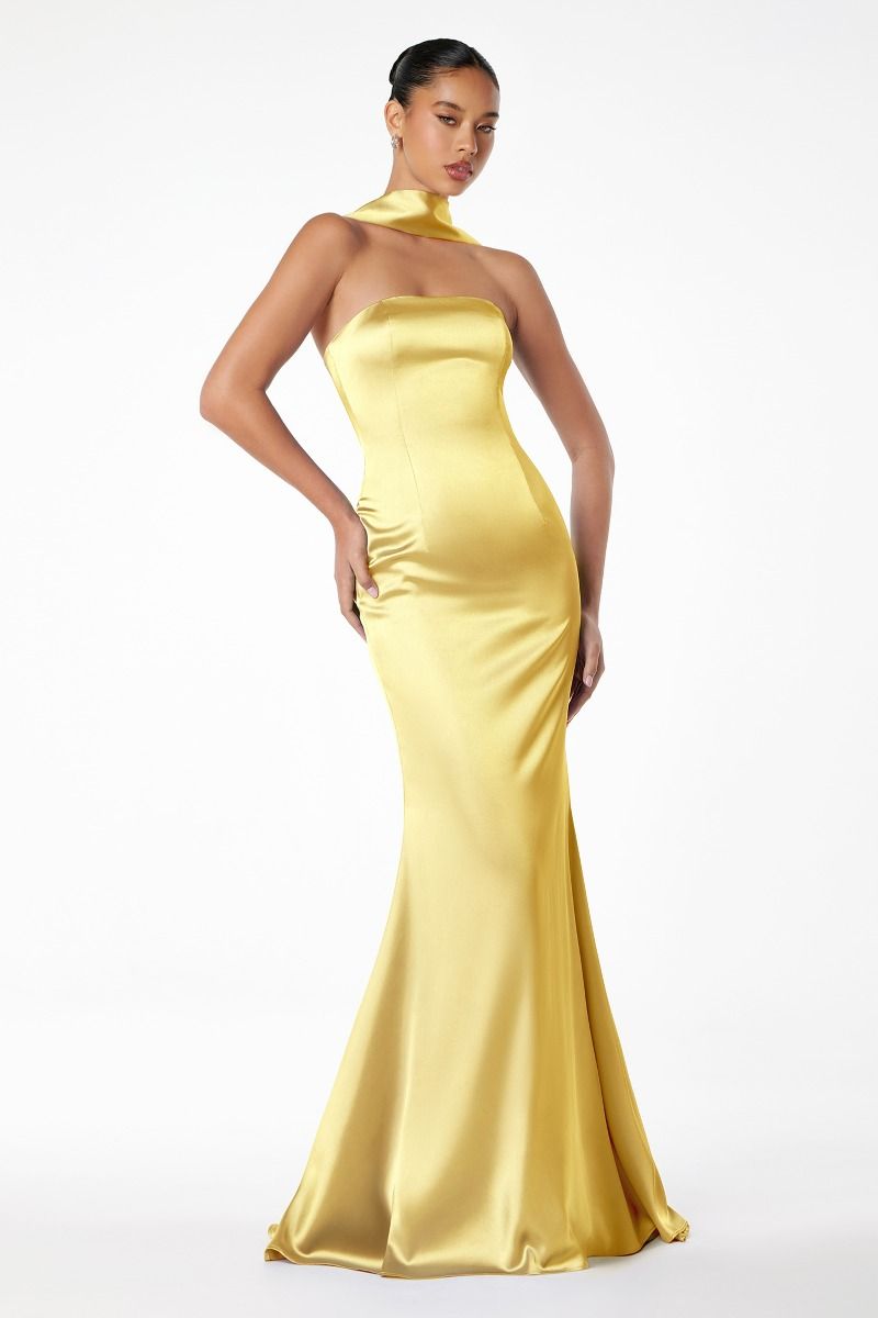 Brynn Maxi Dress - Strapless Fitted Satin Dress With Scarf