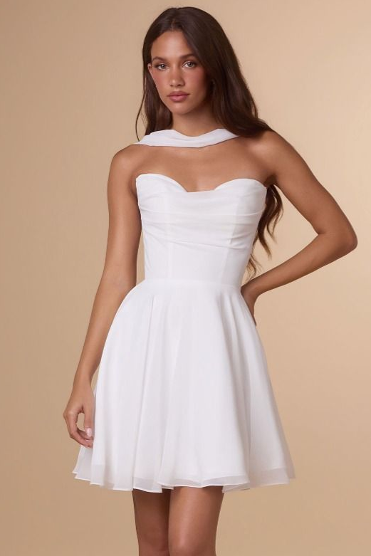 Ella Mini Dress - Off White A-line Strapless Chiffon Dress With Scarf