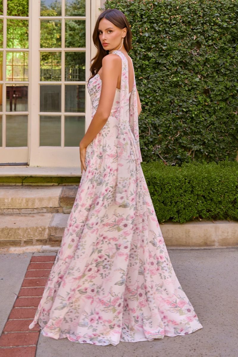 PINK FLORAL MEADOWS GOWN - STRAPLESS A-LINE CHIFFON GOWN WITH SCARF