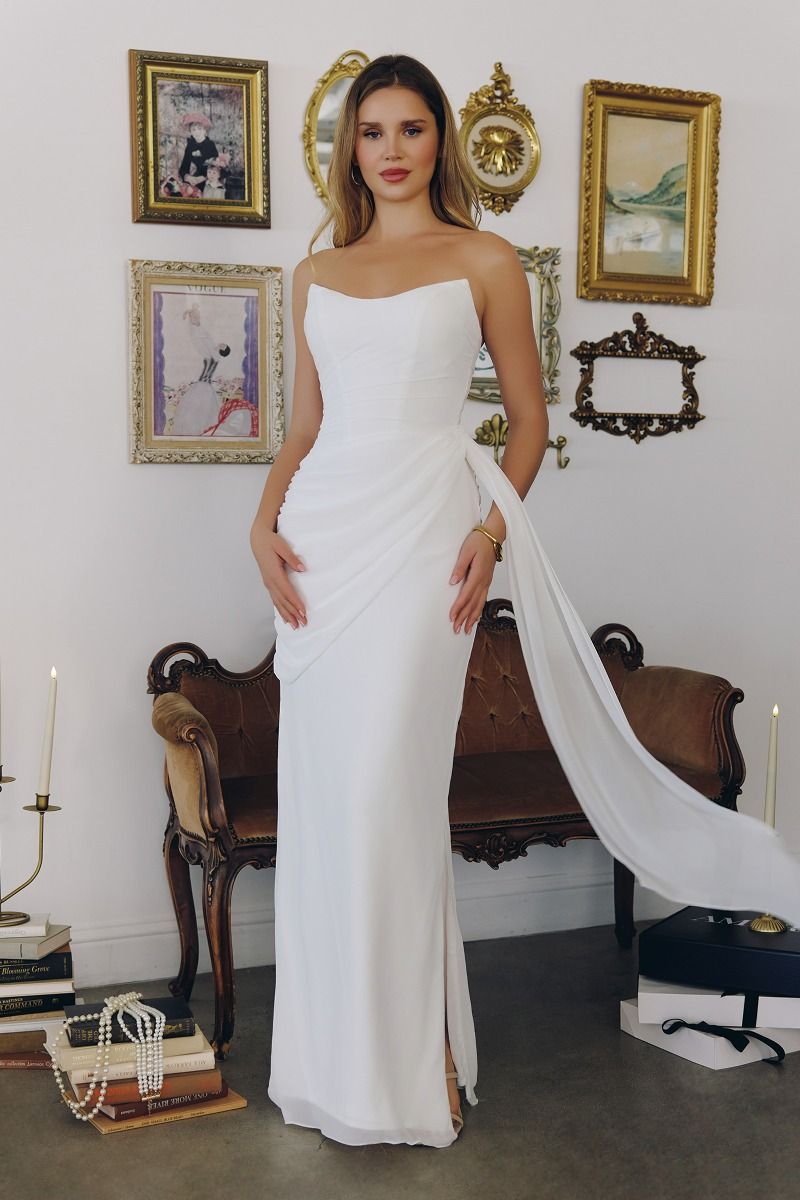 strapless draped chiffon dress Lady Black Tie - Skyler Gown - Strapless Draped Chiffon Dress