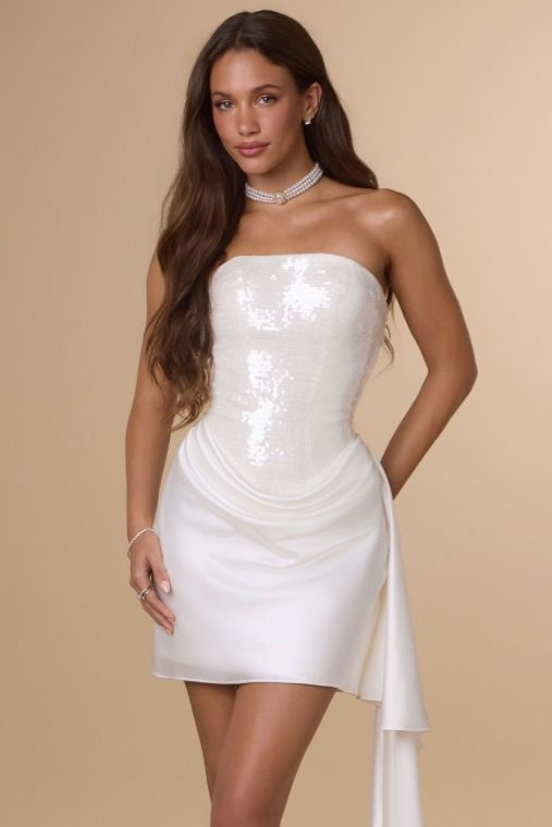 Lady Black Tie - Lachlan Mini Dress - Sequin & Satin Cocktail Dress - Off White