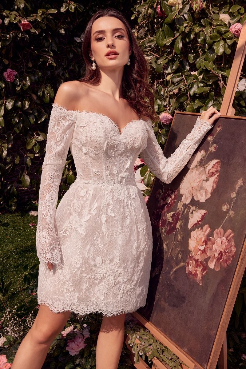 Lady Black Tie - Wl021 - Off The Shoulder Lace Short Bridal Dress - Andrea & Leo - Size 8 Lady Black Tie - Wl021 - Off The Shoulder Lace Short Bridal Dress - Andrea & Leo - Size 8