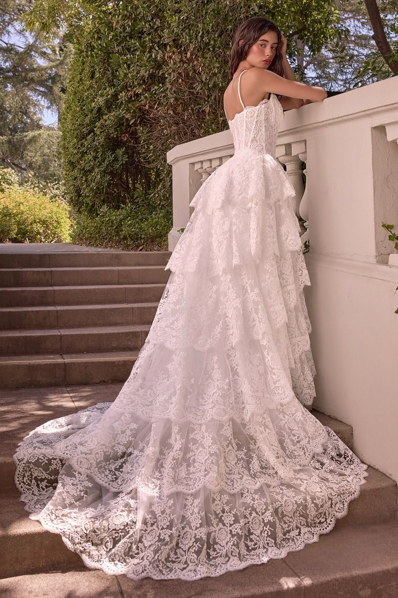 WL076 - LAYERED SCALLOP LACE A-LINE GOWN - Andrea & Leo | Lady Black Tie | A woman wearing a white lace wedding gown. The dress has a fitted lace bodice, thin straps, and a full layered skirt with a long train.