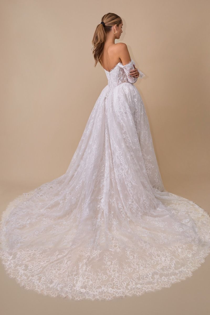 Andrea & Leo WL079 OFF WHITE Lace wedding ball gown with long sleeves, and Covered button back with concealed zipper