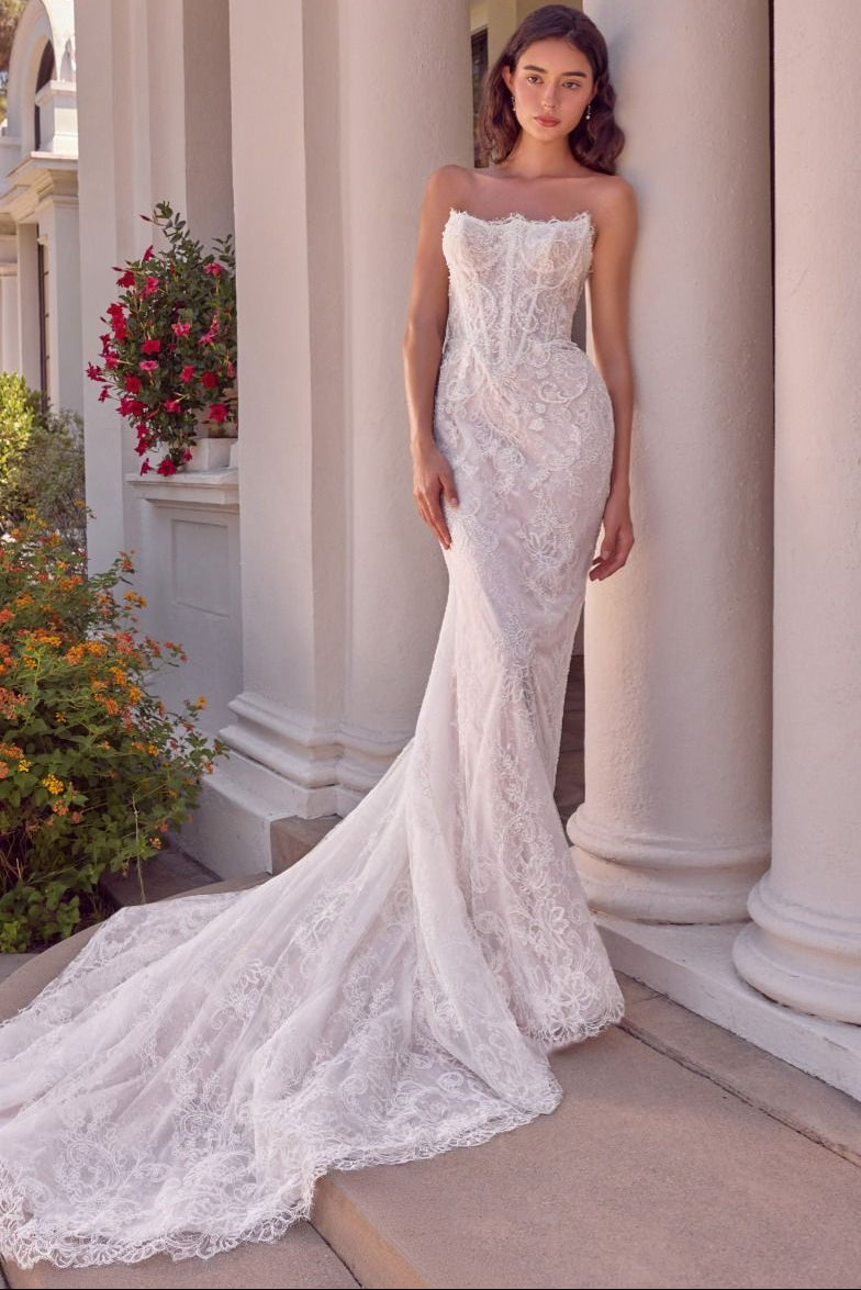 Andrea & Leo WL080 fitted lace mermaid bridal gown with sheer corset bodice and eyelash lace trim | Lady Black Tie
