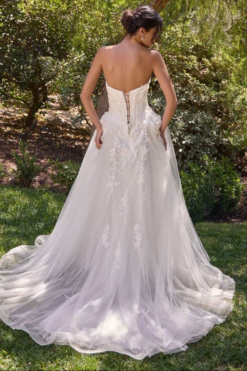 Andrea & Leo WL094 layered tulle A-line wedding gown with cascading florals and chapel train | Lady Black Tie
