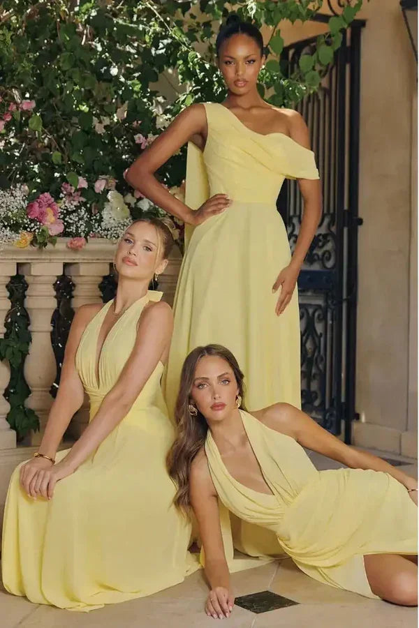 3 Bridesmaids Wearing Light Yellow Dress from Lady Black Tie Collection
