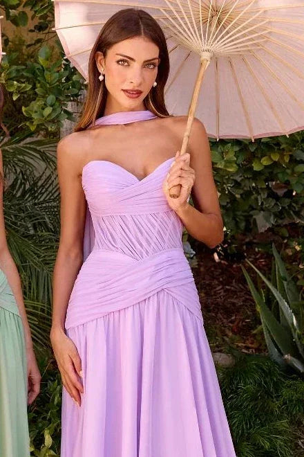 A Beautiful Lady Wearing an English Violet Bridesmaid Dress from Lady Black Tie