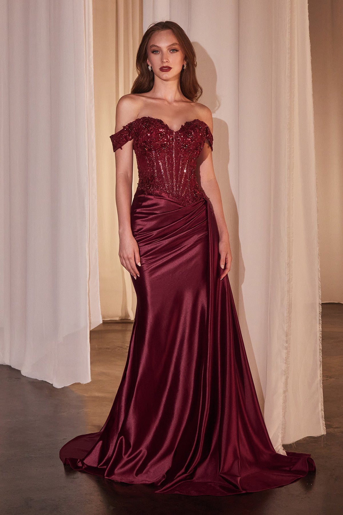 satin maroon prom dress Chic Burgundy Off Shoulder Floor Length Satin Lace Prom Dresses