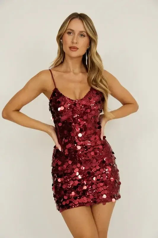 ASTRA MINI DRESS - SEQUIN PARTY DRESS - WINE