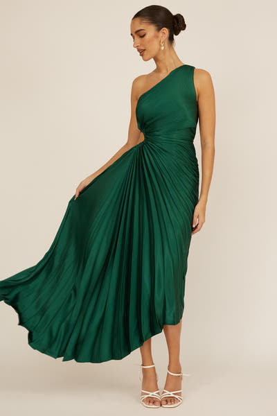 Panama Maxi Dress - Kelly Green - Pleated Dress With Side Cut Out
