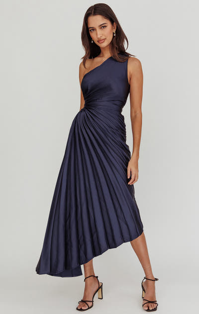 Panama Maxi Dress - Navy - Pleated Dress With Side Cut Out