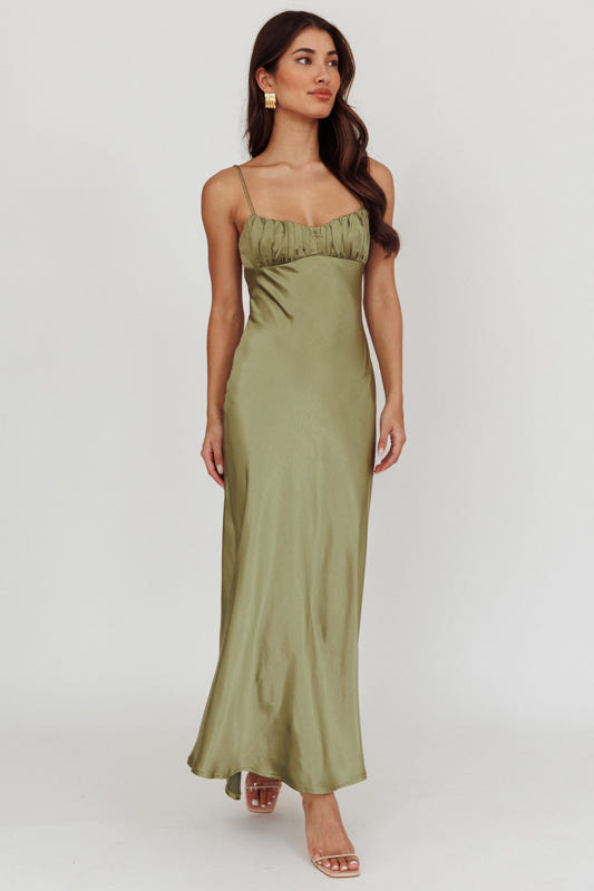 Paula Twist-Back Olive Green Satin Maxi Dress