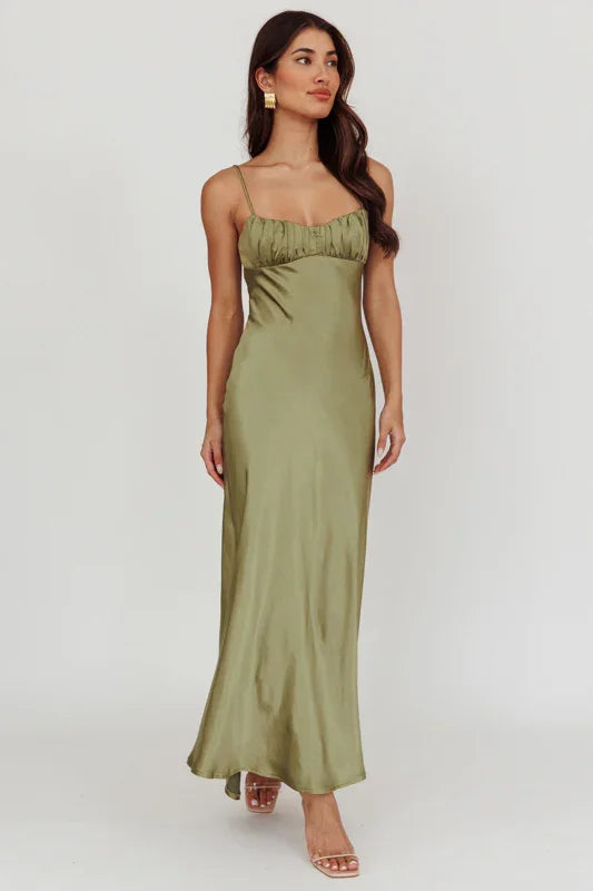 Paula Twist-Back Olive Green Satin Maxi Dress