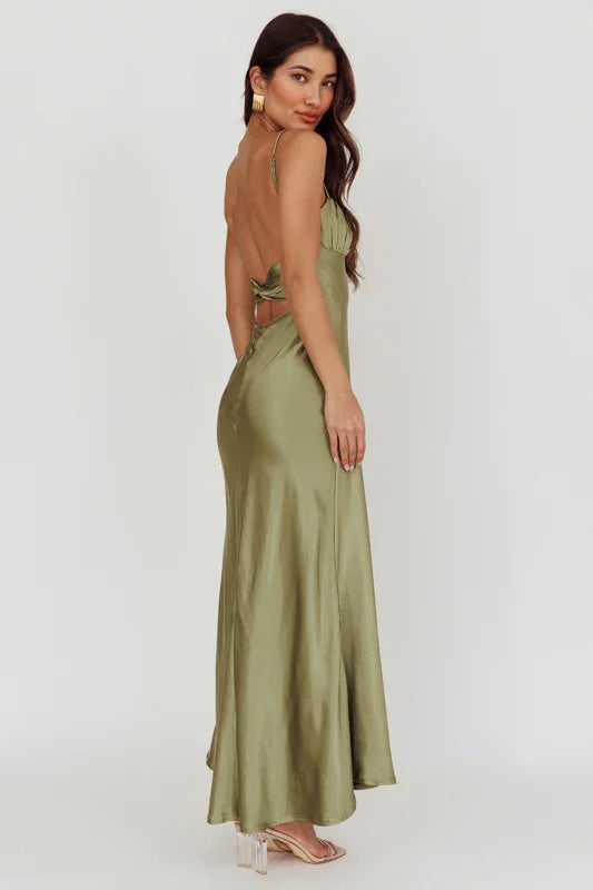 Paula Twist-Back Olive Green Satin Maxi Dress