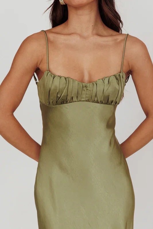 Paula Twist-Back Olive Green Satin Maxi Dress