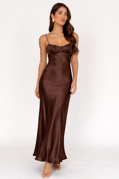 Paula Maxi Dress - Chocolate Satin Slip Dress