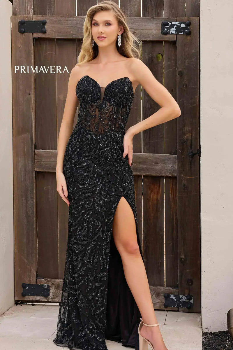 4360 - Primavera - Strapless Sequin & Beaded Long Dress