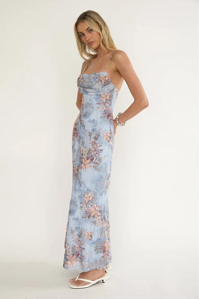 Joy Maxi Dress - Blue Floral Mesh Maxi Dress