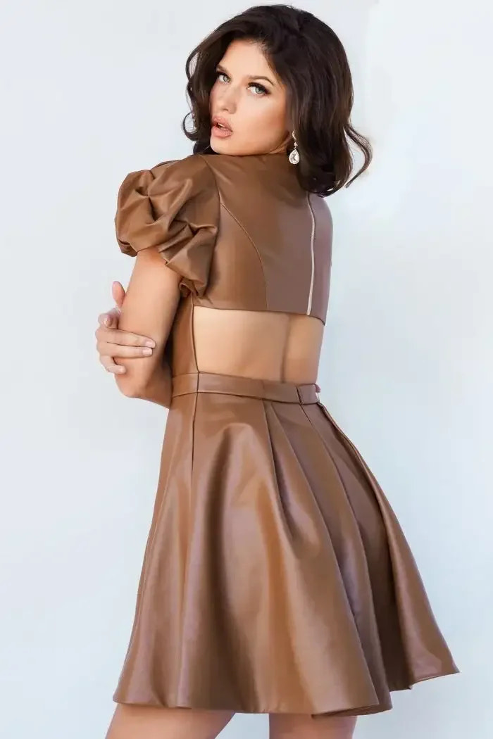 Size 4, Jovani - 09690 Caramel - Pleather Fit & Flare Short Dress - FINAL SALE