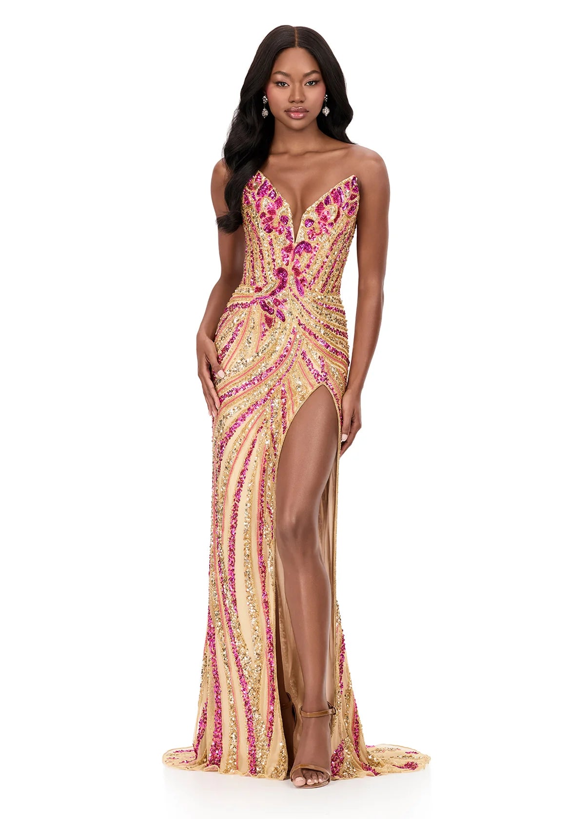 pink and gold dress ASHLEYlauren 11236 - Fuchsia/Gold Beaded Gown