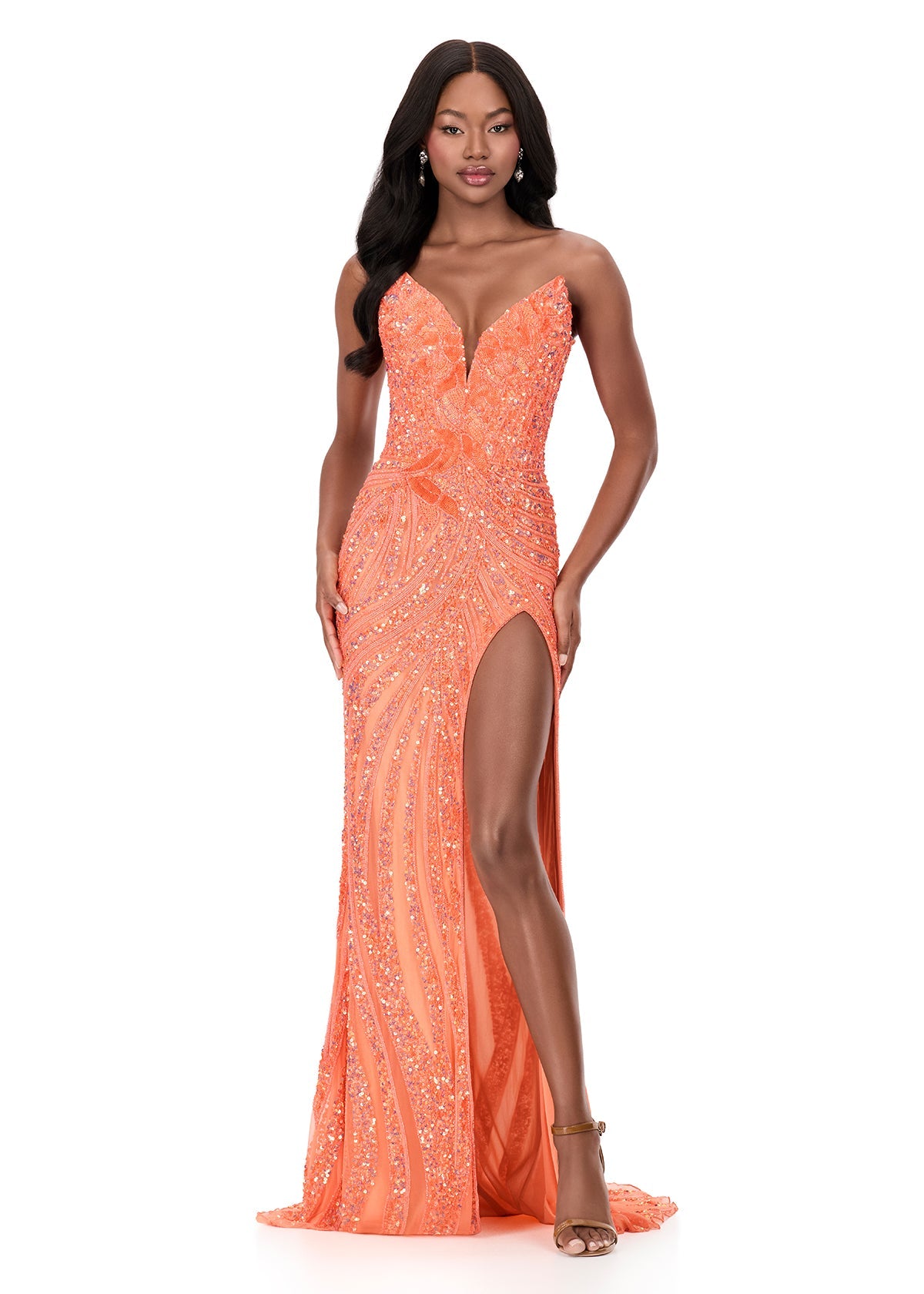 ASHLEYlauren 11236 - Red/Coral Floral Beaded Gown | Lady Black Tie