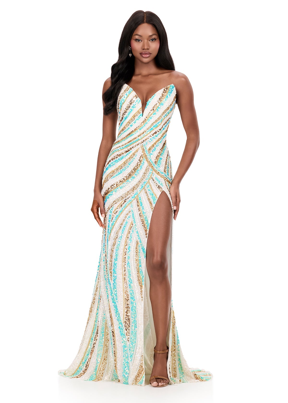 ASHLEYlauren 12218 Swirl Detail Beaded Gown | Lady Black Tie