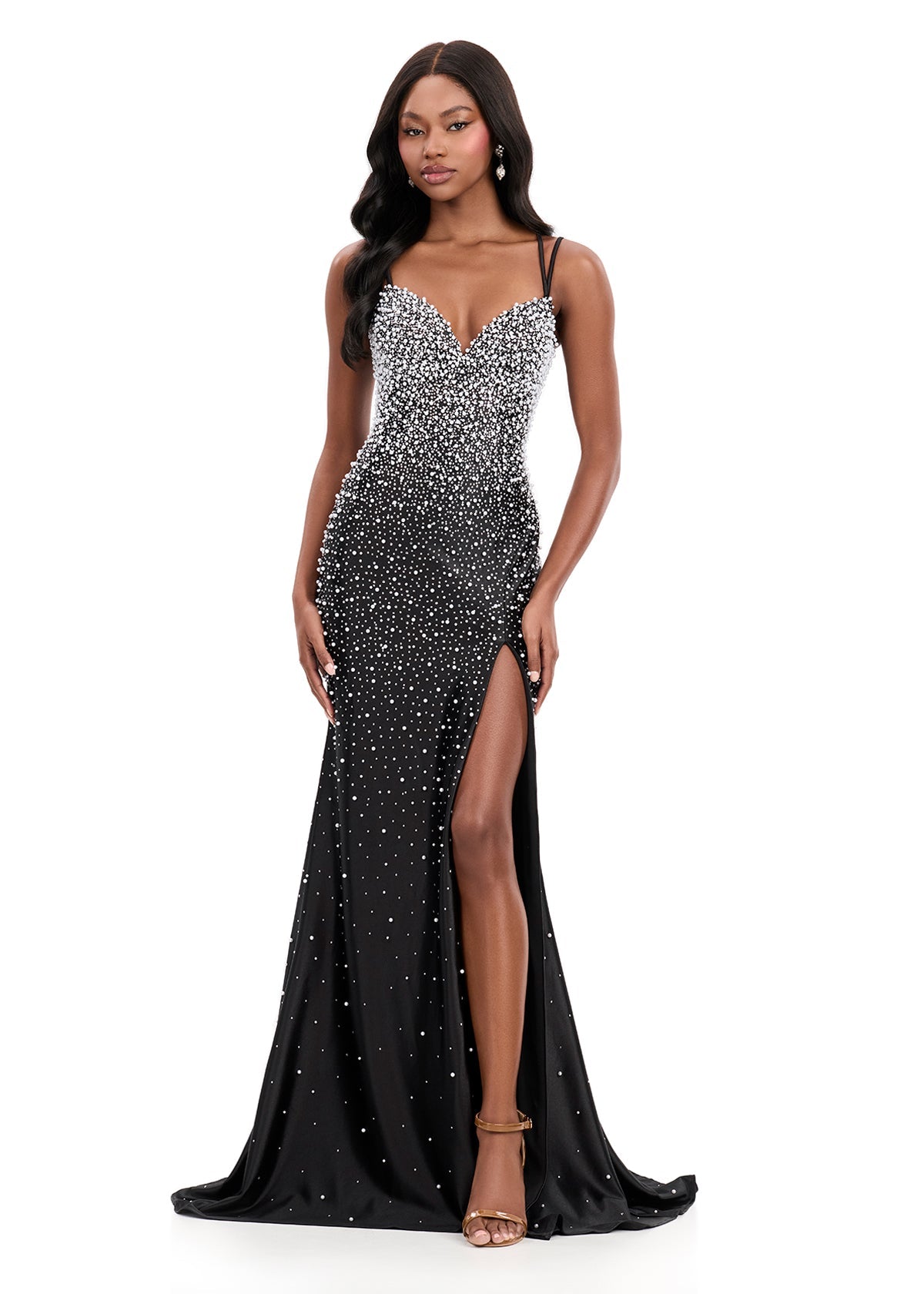 pearl black dresses Dress with Sleeves The soft black fabric shapes the body with a gentle flare Black Pearl Trim Detail V