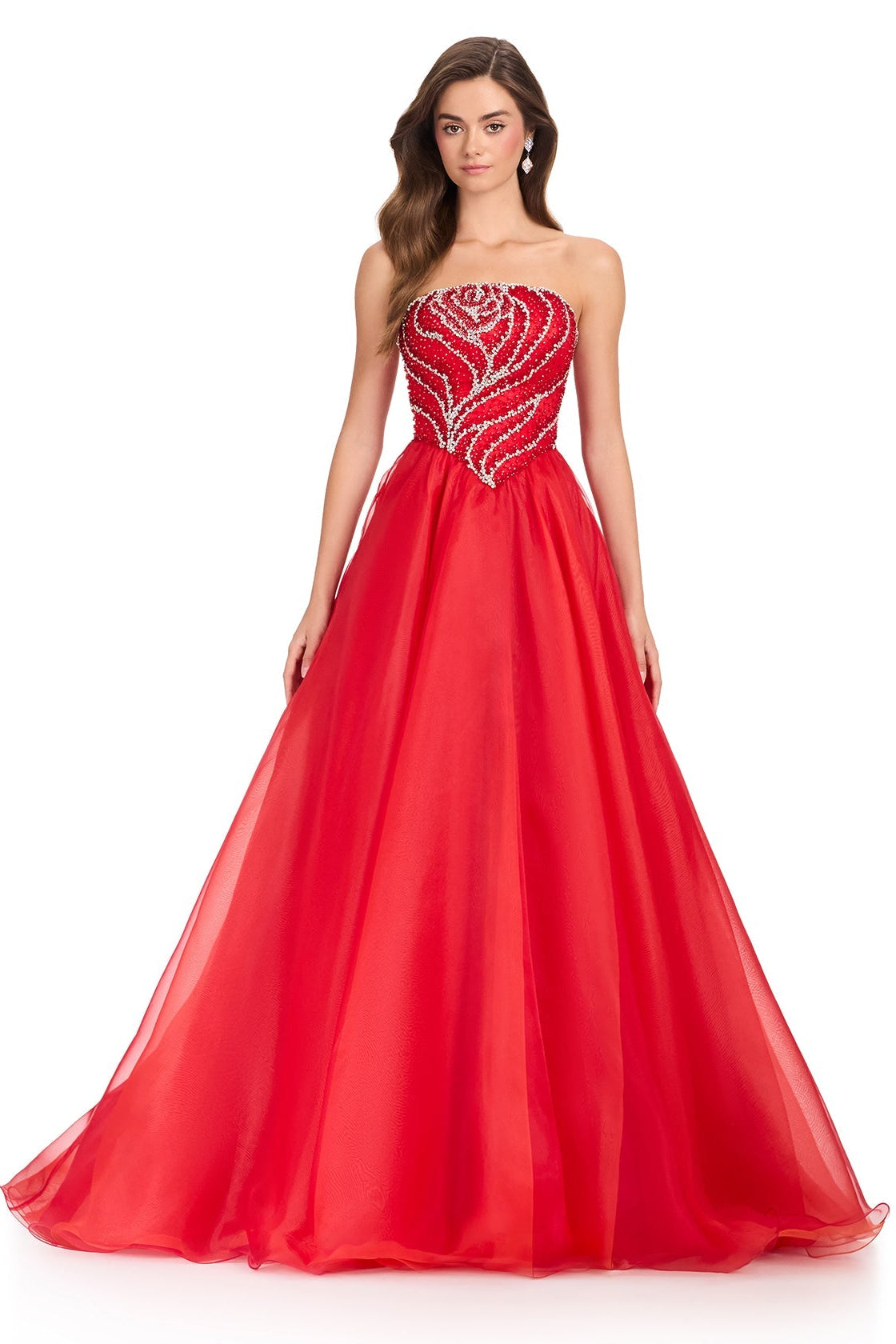 Red ASHLEYlauren 12389 Strapless Organza Ball Gown | Lady Black Tie