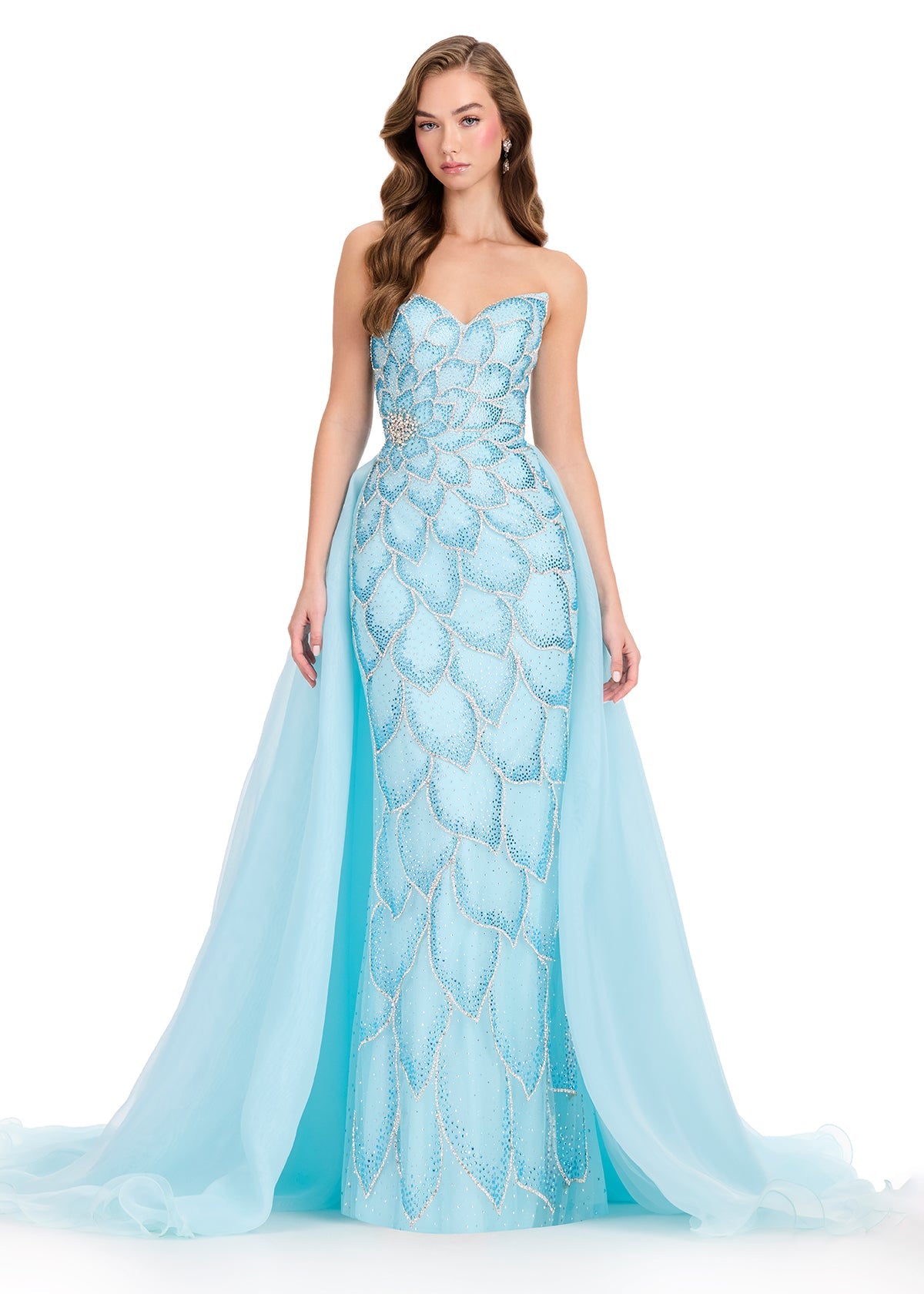 ASHLEYlauren 12391 Beaded Petal Print Gown Sky | Lady Black Tie

